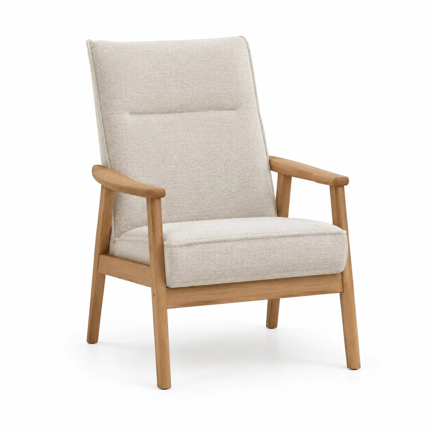 Poltrona in legno con rivestimento in tessuto beige