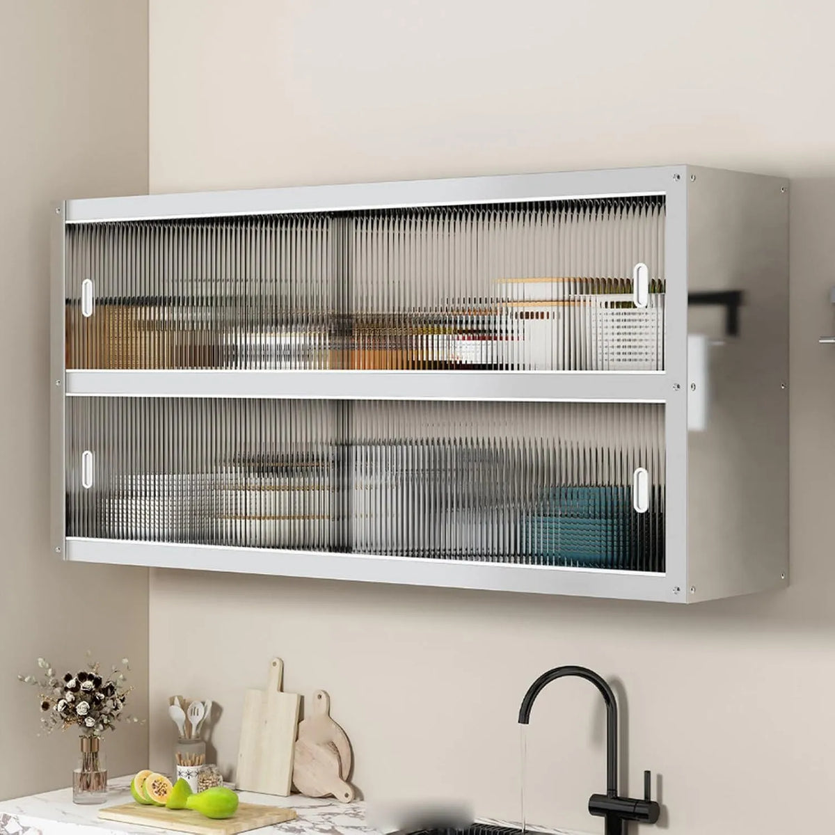 Libreria e scaffale contenitore a parete sospeso in acciaio inox – 90 × 30 × 70cm, 35.4 × 11.8 × 27