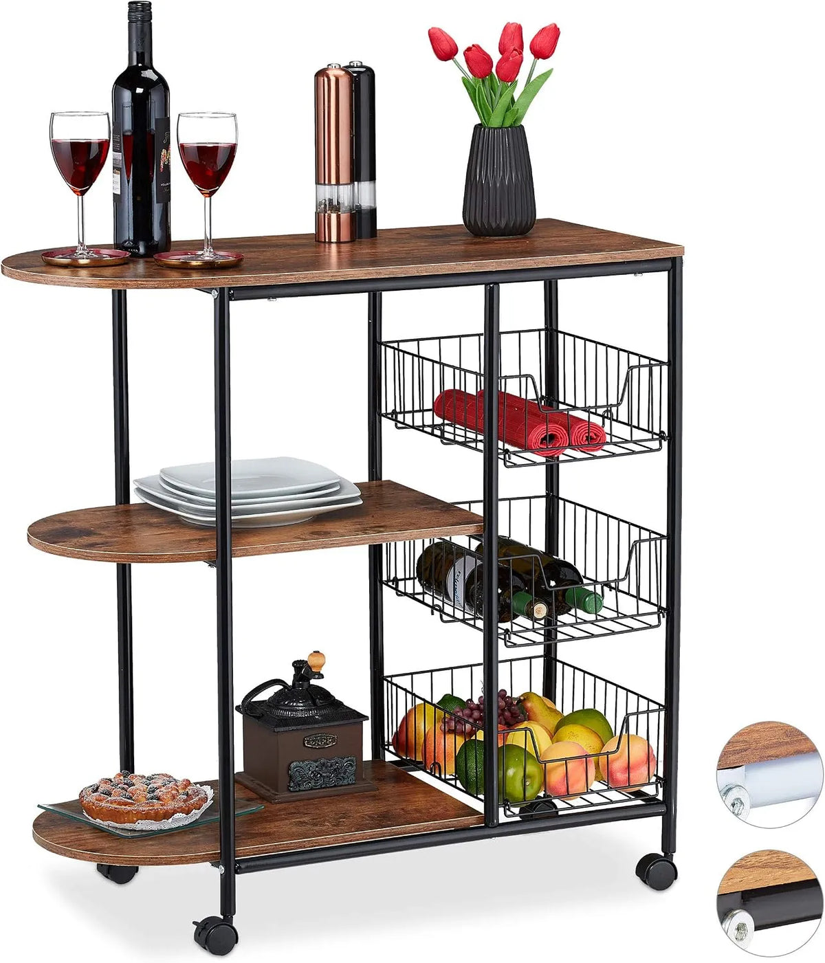Relaxdays Carrello da Cucina — MDF, con ripiani, 3 Ripiani, 84 × 83 × 37 cm, nero, in metallo