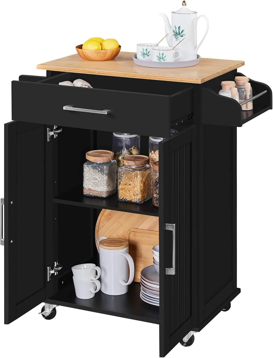 Yaheetech Carrello da Cucina con Ruote Credenza e mobile contenitore Salvaspazio per Microonde – 2 Ante, 60 × 40 × 88, 5 cm, nero, con cassetti