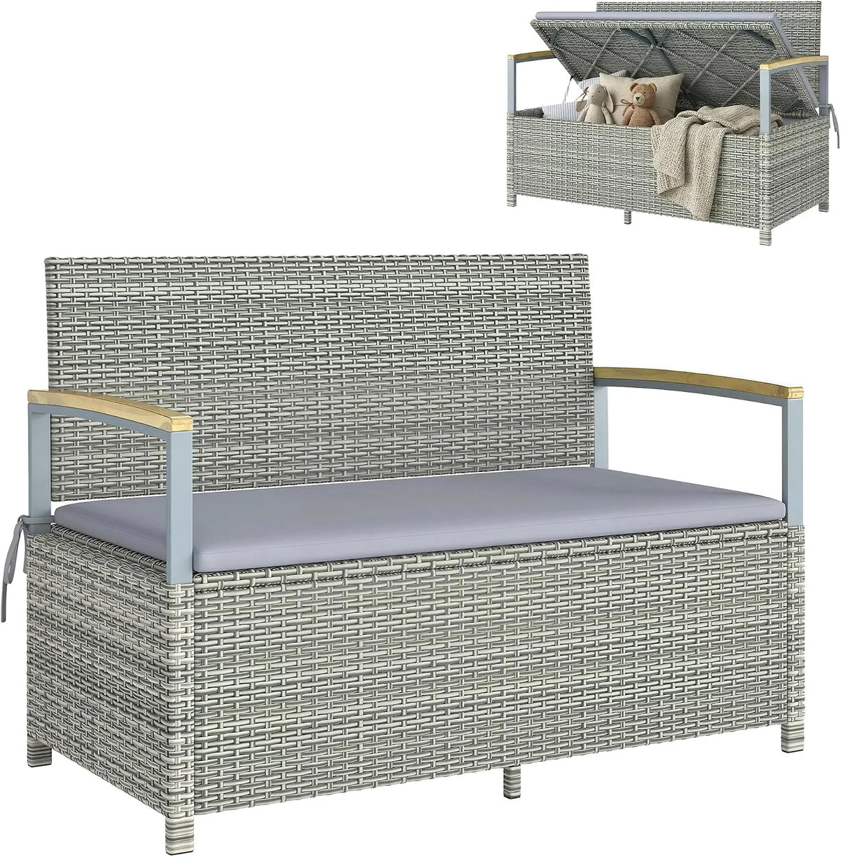 Outsunny Panca e seduta da interno: Contenitore, in legno, con contenitore, con braccioli, in polyrattan, 2 Posti, 170L