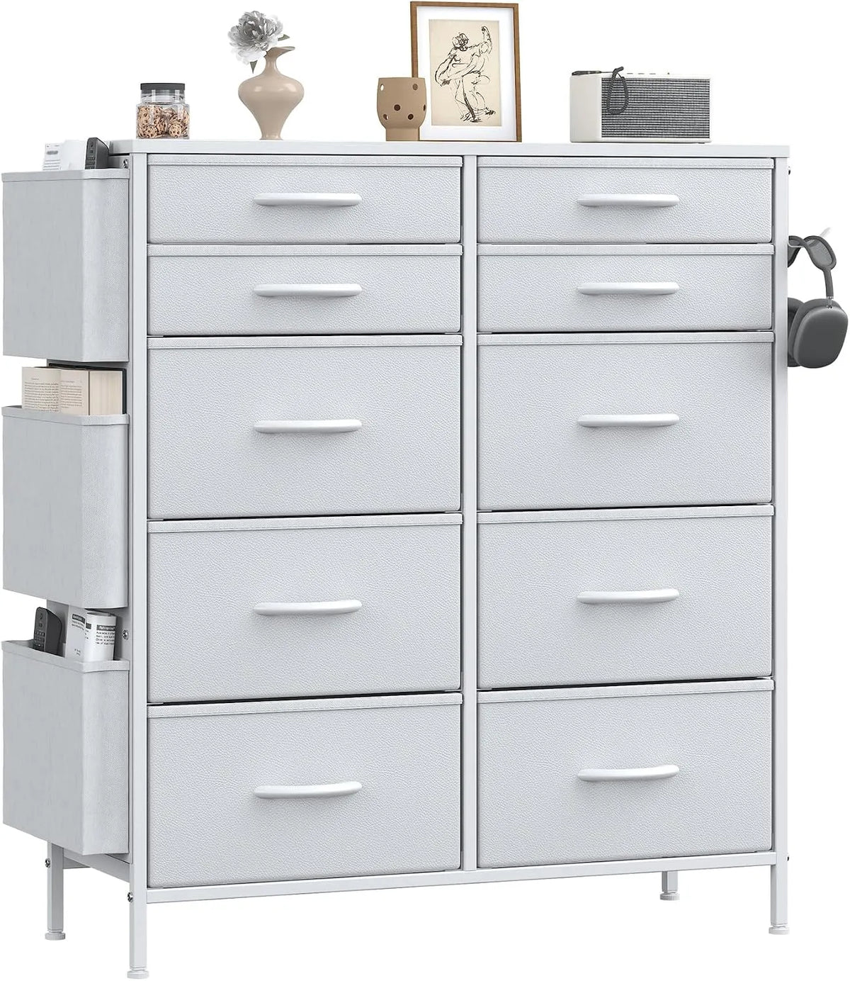 Feonase Cassettiera e mobile con cassetti alta: MDF, rivestimento in tessuto, con cassetti, 10 cassetti, bianco, in metallo