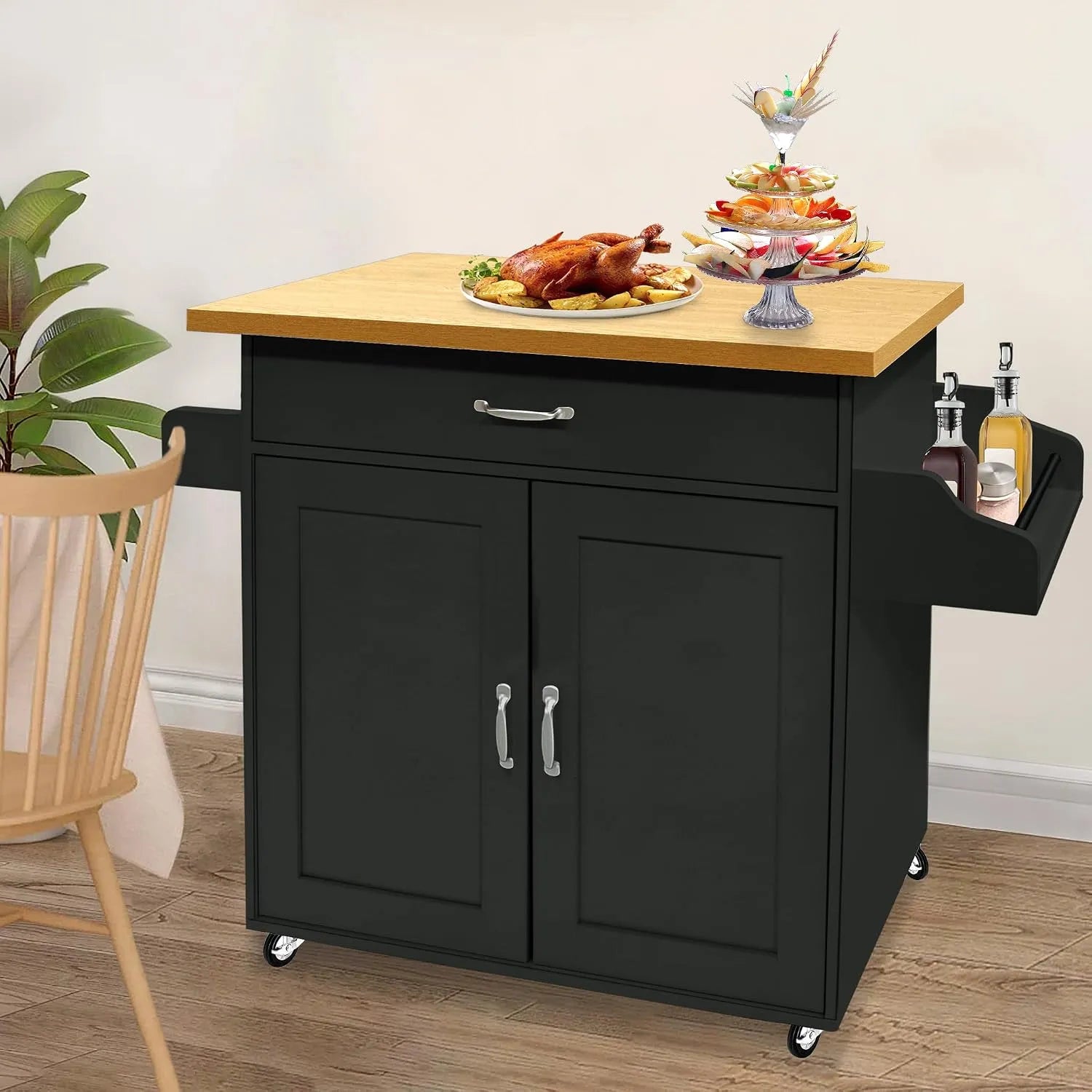 Carrello da cucina con piano di lavoro in legno — con ruote, nero, con cassetti
