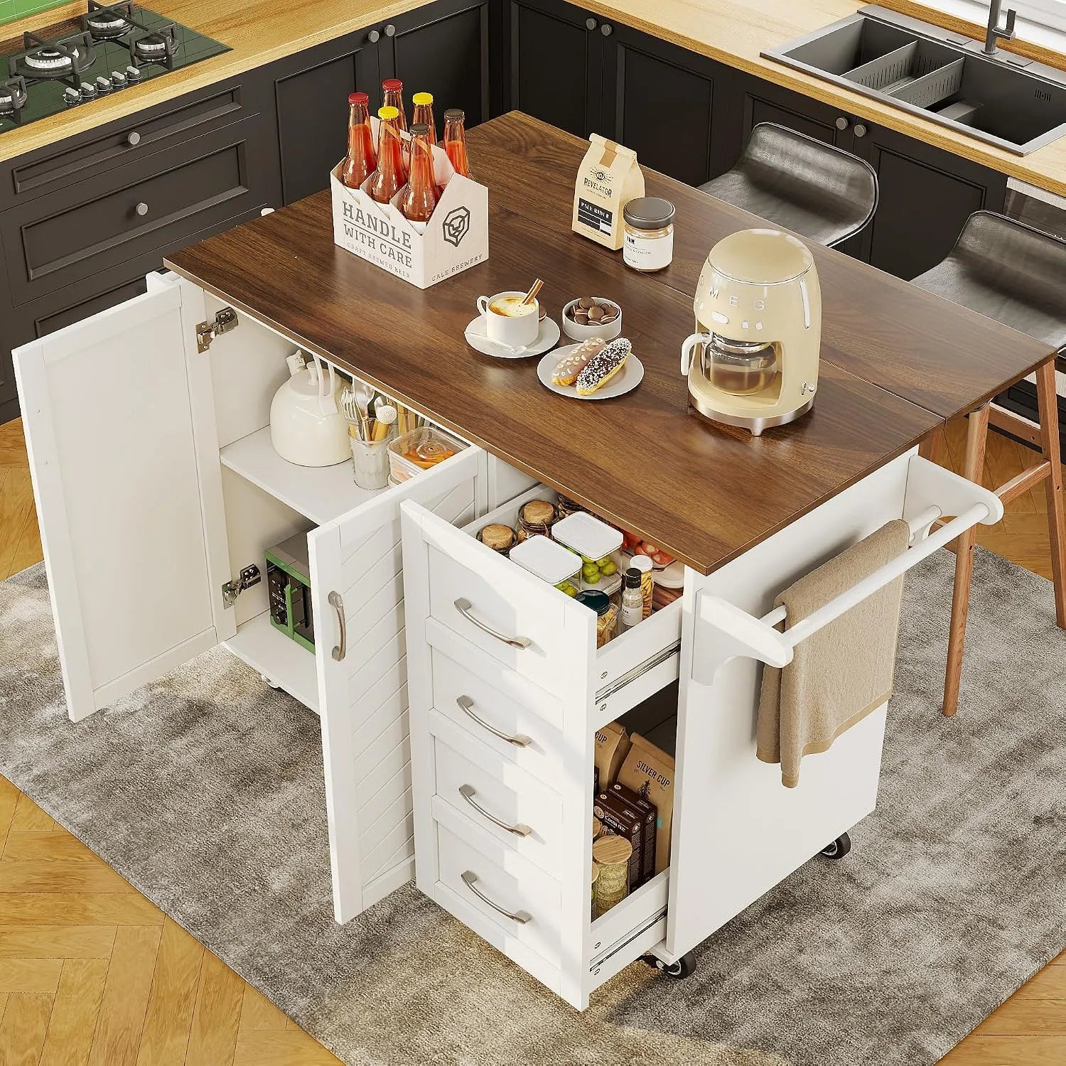 Carrello da cucina: in legno, con cassetti, pieghevole, con ruote