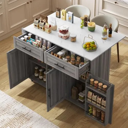 isola da cucina con piano ribaltabile — con cassetti, con ruote, 2 cassetti, 129×71×91, 5cm, grigio