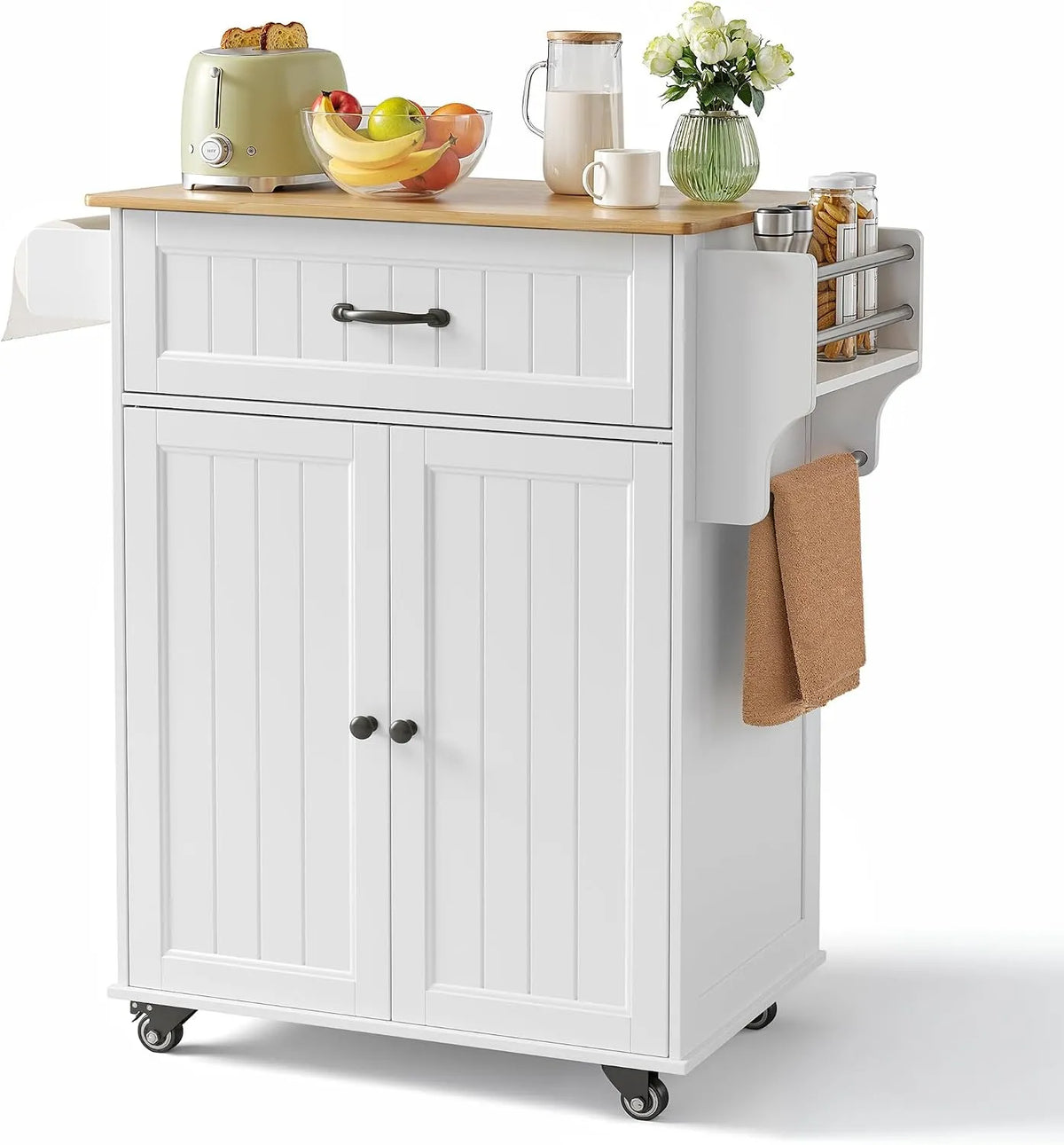 Bealife Carrello da Cucina — con ruote, 2 Ante, bianco, con cassetti