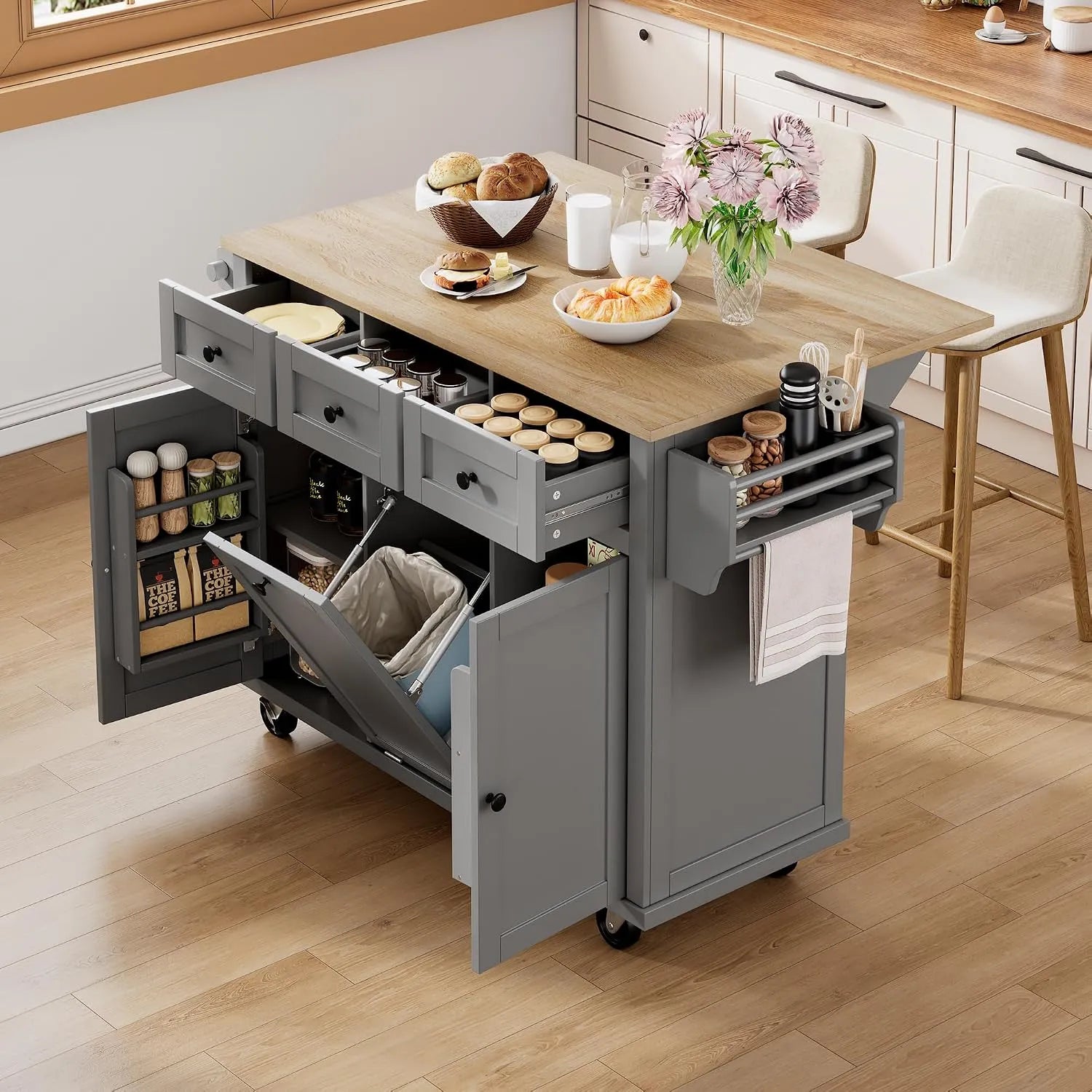 Generisch Isola della cucina indipendente con piano di lavoro pieghevole – con cassetti, con ruote, 2 ante, 3 cassetti, grigio