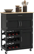 HOMCOM Carrello da Cucina con 9 Portabottiglie – in legno, con ruote, 3 Ante, 67 × 37 × 87 cm, nero, con cassetti