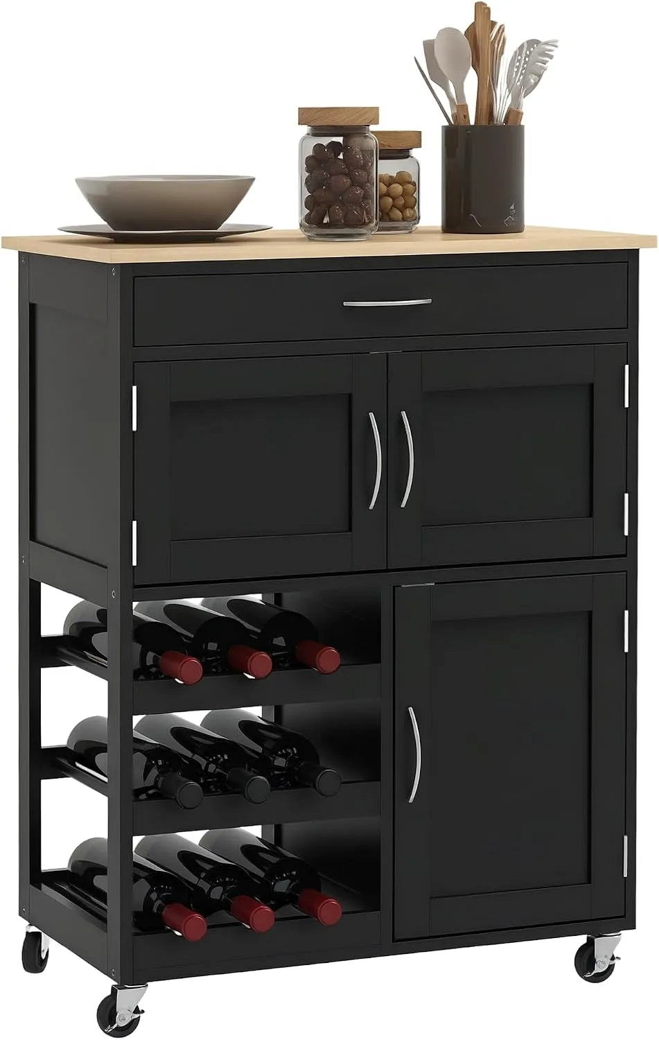 HOMCOM Carrello da Cucina con 9 Portabottiglie – in legno, con ruote, 3 Ante, 67 × 37 × 87 cm, nero, con cassetti