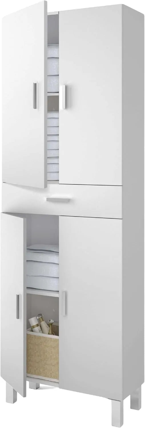 Miroytengo Mobile ausiliario Bagno Galatea Melamina/Metallo Bianco lucido 1 cassetto — con ripiani, 4 ante, 4 ripiani, 60 × 182 cm