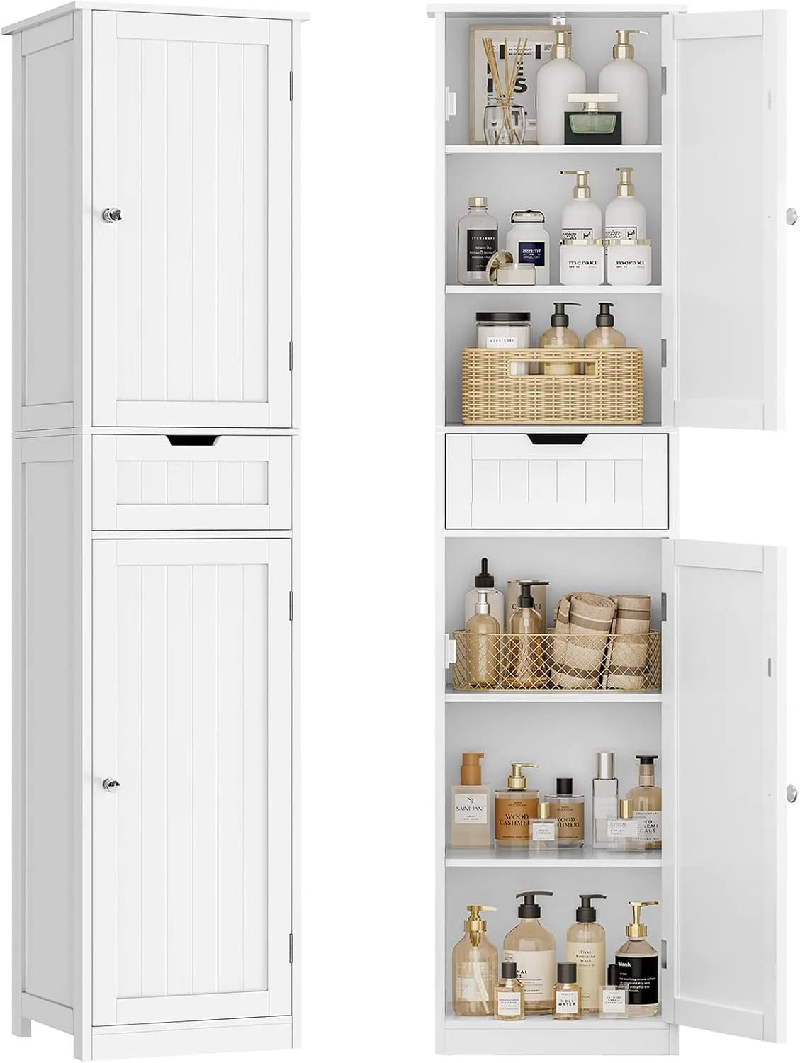 Mobile da bagno e armadietto contenitore Salvaspazio Stretto e Alto con Cassetto — 2 Ante, 40 × 30 × 170 cm, bianco