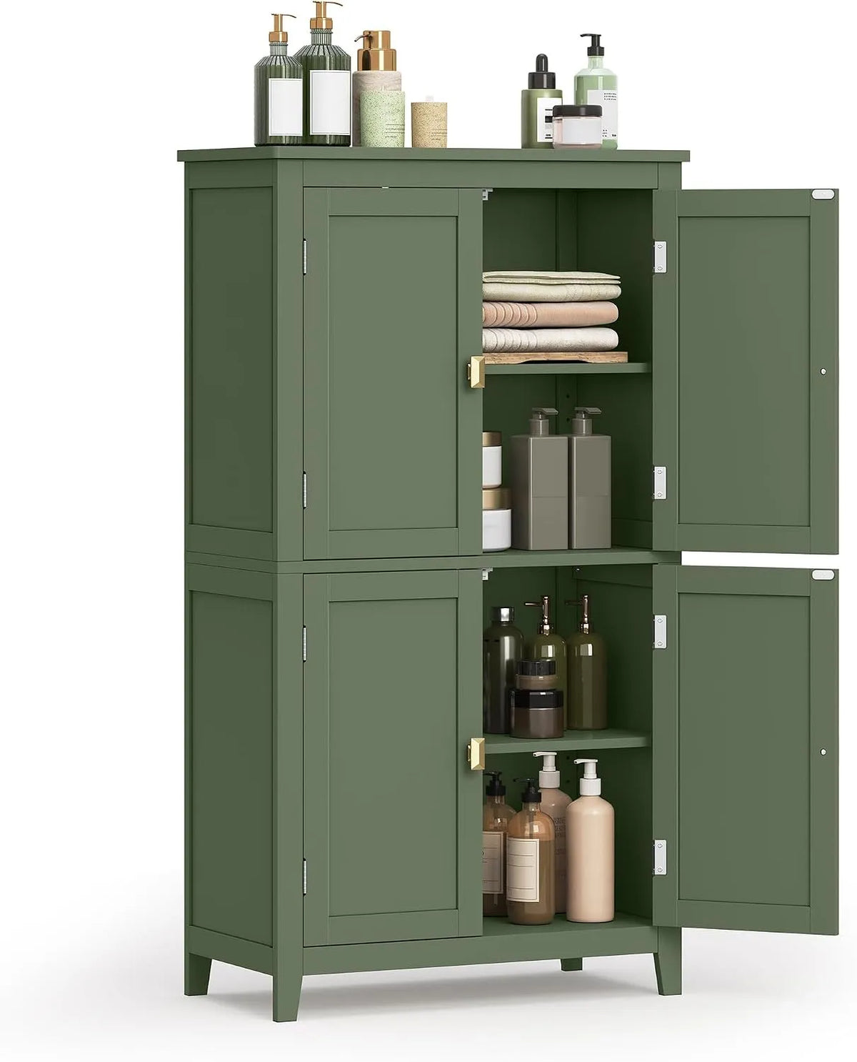 VASAGLE UBBC552C01 Armadietto da pavimento per bagno — da terra, con ripiani, 4 ante, 30 × 60 × 100 cm, verde