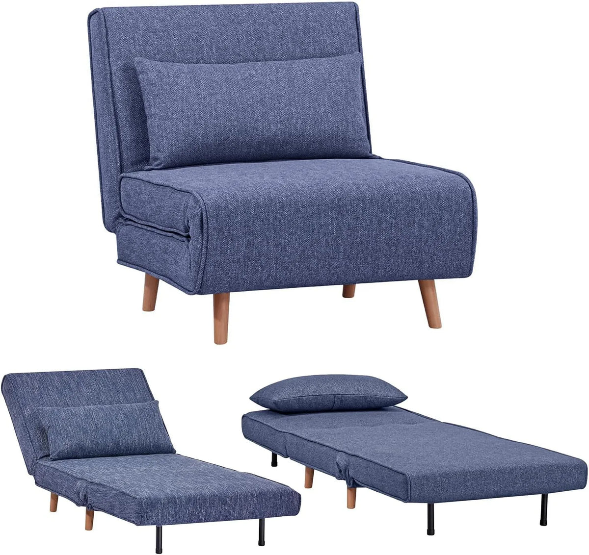 Divano — INCLUSO, rivestimento in tessuto, in legno, per piedi e gambe, con schienale, blu, pieghevole, regolabile