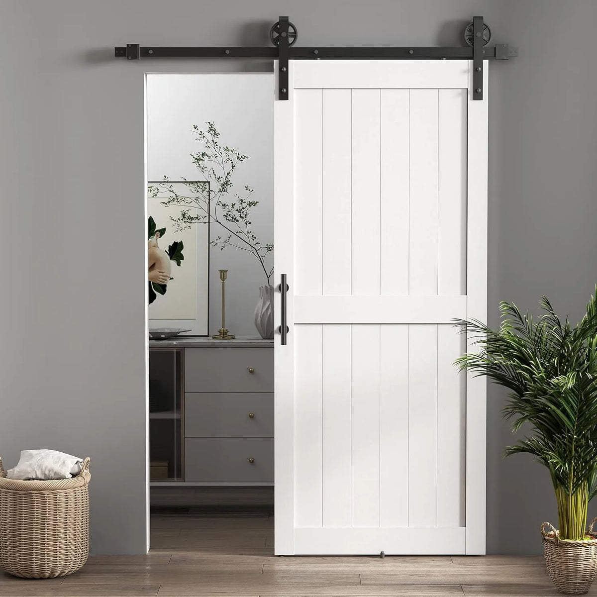 HOMCOM Porta Scorrevole Interna Muro 91.5x213.4cm — MDF, in legno, in acciaio, con ruote, 91.5 × 213.4cm