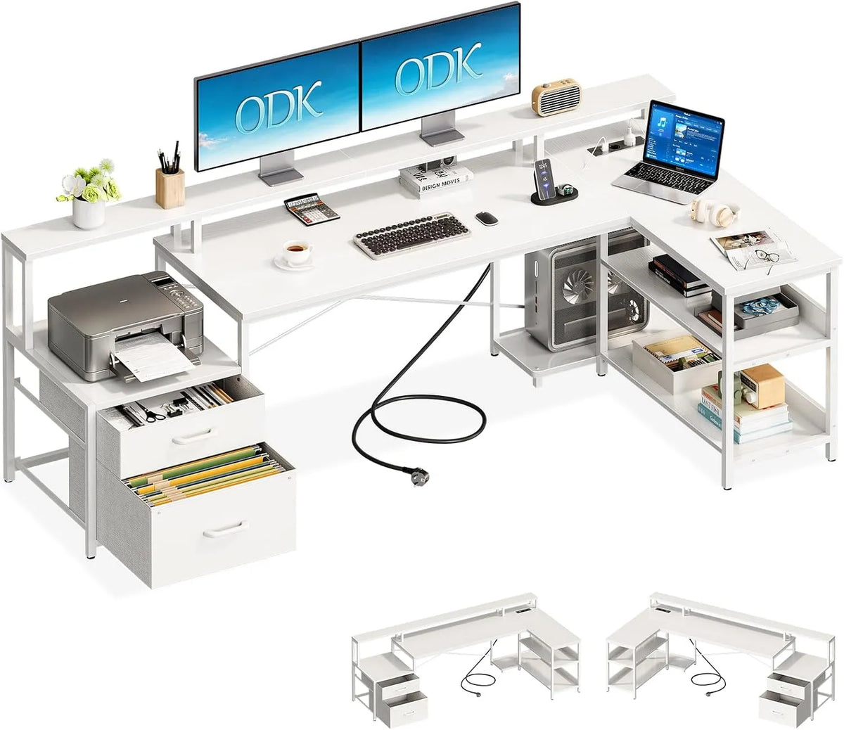 Scrivania e tavolo per computer: con cassetti, con porta USB, per gaming, uso domestico, 2 Porte, 189.3×100cm, bianco