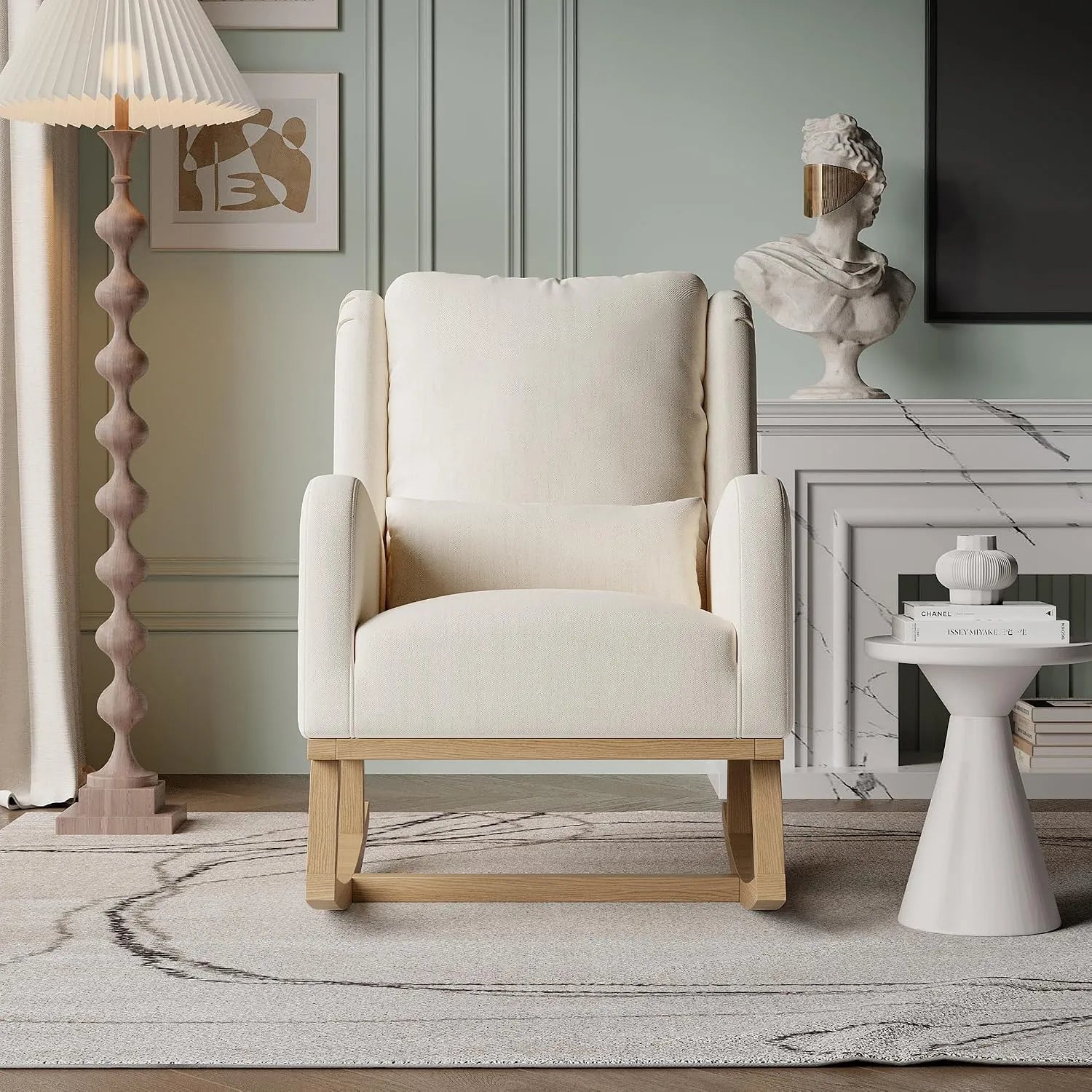 Sedia a dondolo: in legno, con cuscini, beige, rivestimento in tessuto