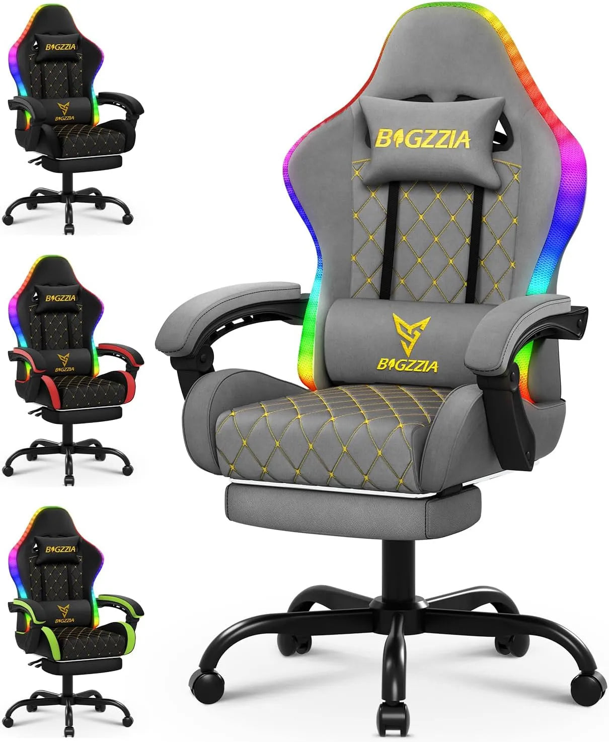 Sedia — RGB, per gaming, illuminazione RGB, regolabile, display LED, 150 kg, grigio
