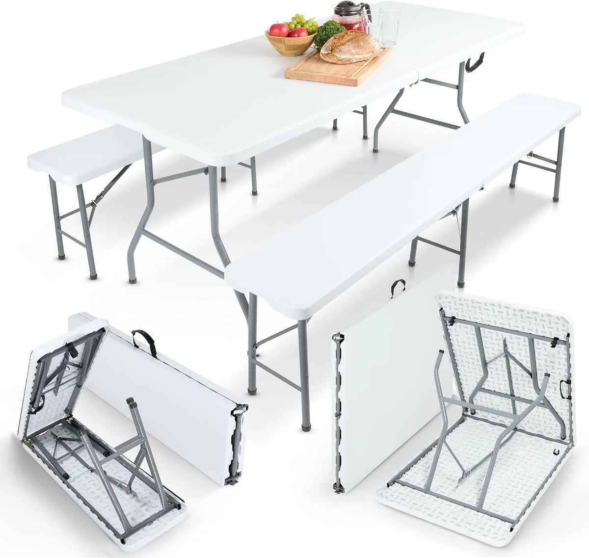 Set da birreria 3 pezzi Tavolo + 2 panche – pieghevole, bianco