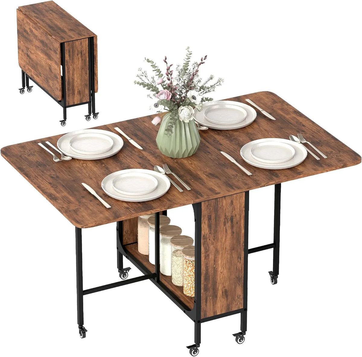 HOMCOM Tavolo da pranzo e tavolo per sala da pranzo: pieghevole, con ruote, 130 × 80 × 74 cm, marrone, in metallo