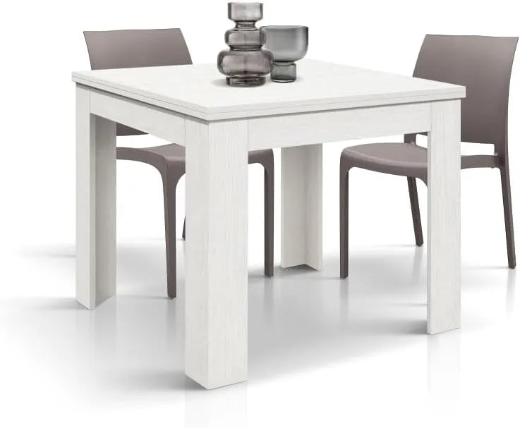 .DESIGN Tavolo LIPARI finitura bianco frassinato allungabile a libro 90×90 — 90×90 cm, 180×90 cm