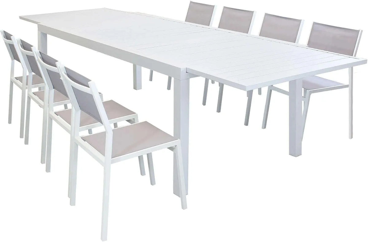 Set Tavolo Giardino Rettangolare Allungabile 200/300x100 con 8 Sedie in: in alluminio, 300 × 100, bianco