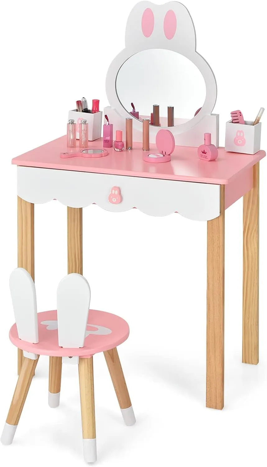 COSTWAY Toeletta e tavolo da trucco 2 in 1 per Bambina – in legno, 60 × 34 × 103cm, rosa, con cassetti