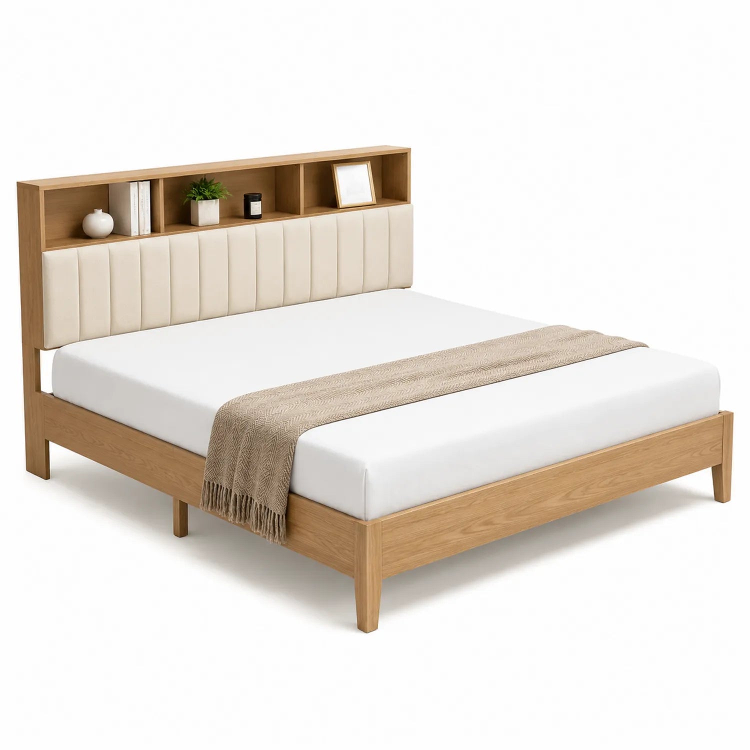 Letto matrimoniale in legno con testiera imbottita beige e scaffali 200x180 cm