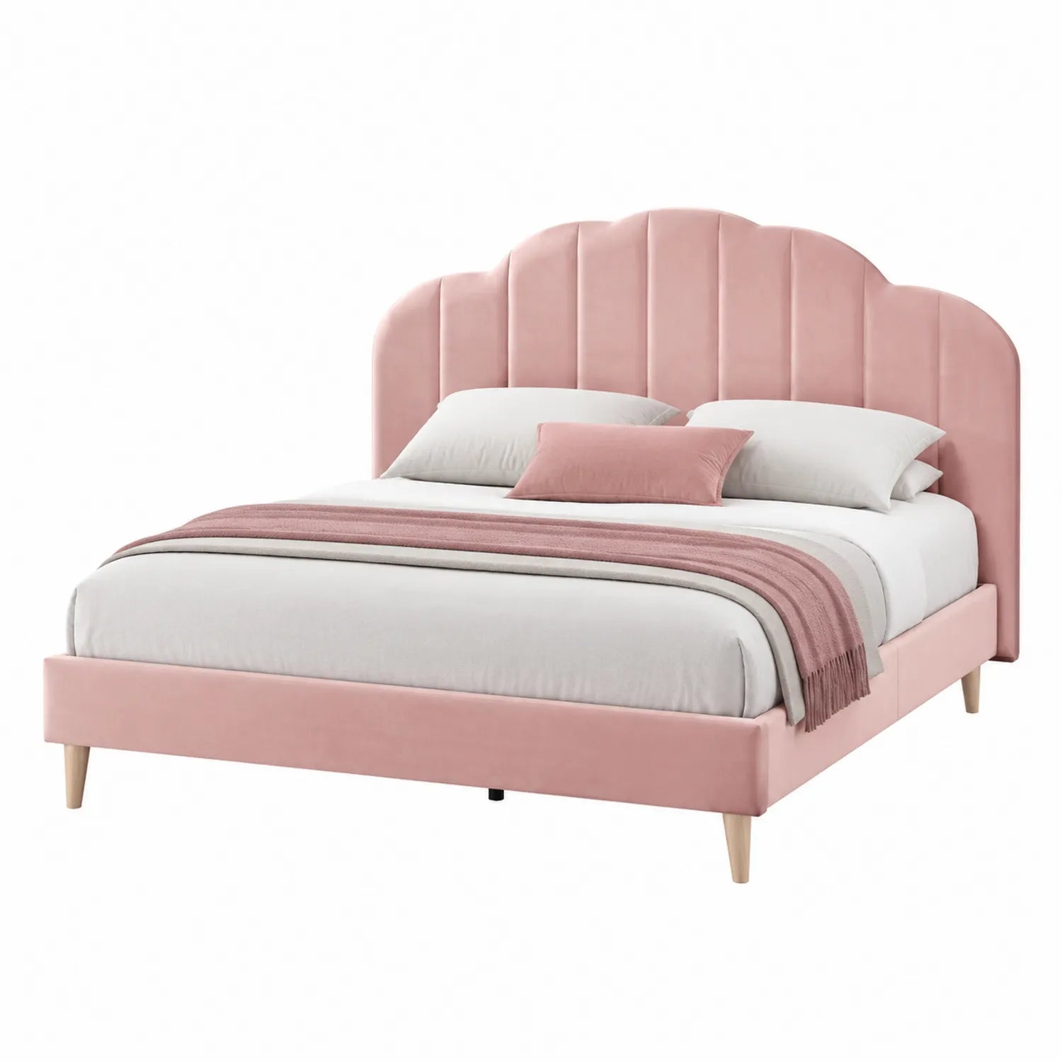Letto matrimoniale in velluto rosa con testiera sagomata 200x160 cm