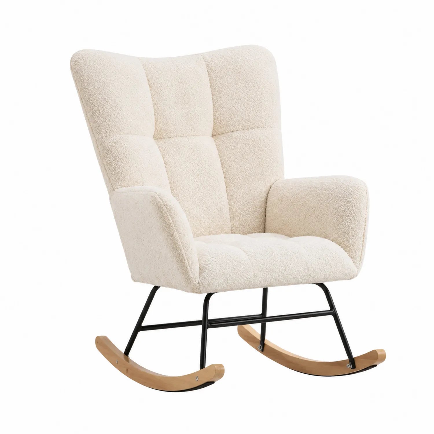 Sedia a Dondolo in Tessuto Bouclé Crema con Struttura in Metallo e Legno