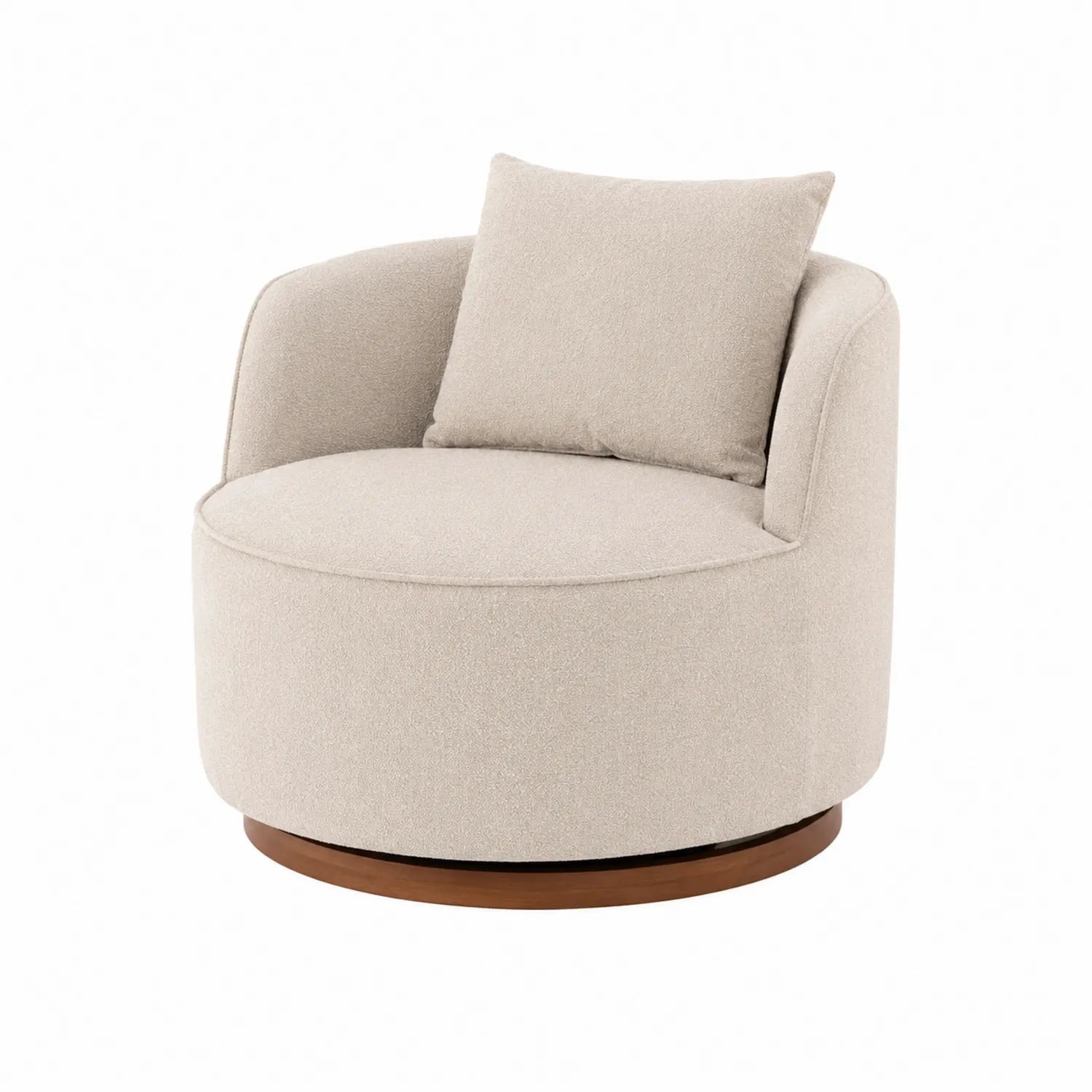 Poltrona rotonda in tessuto beige con base in legno