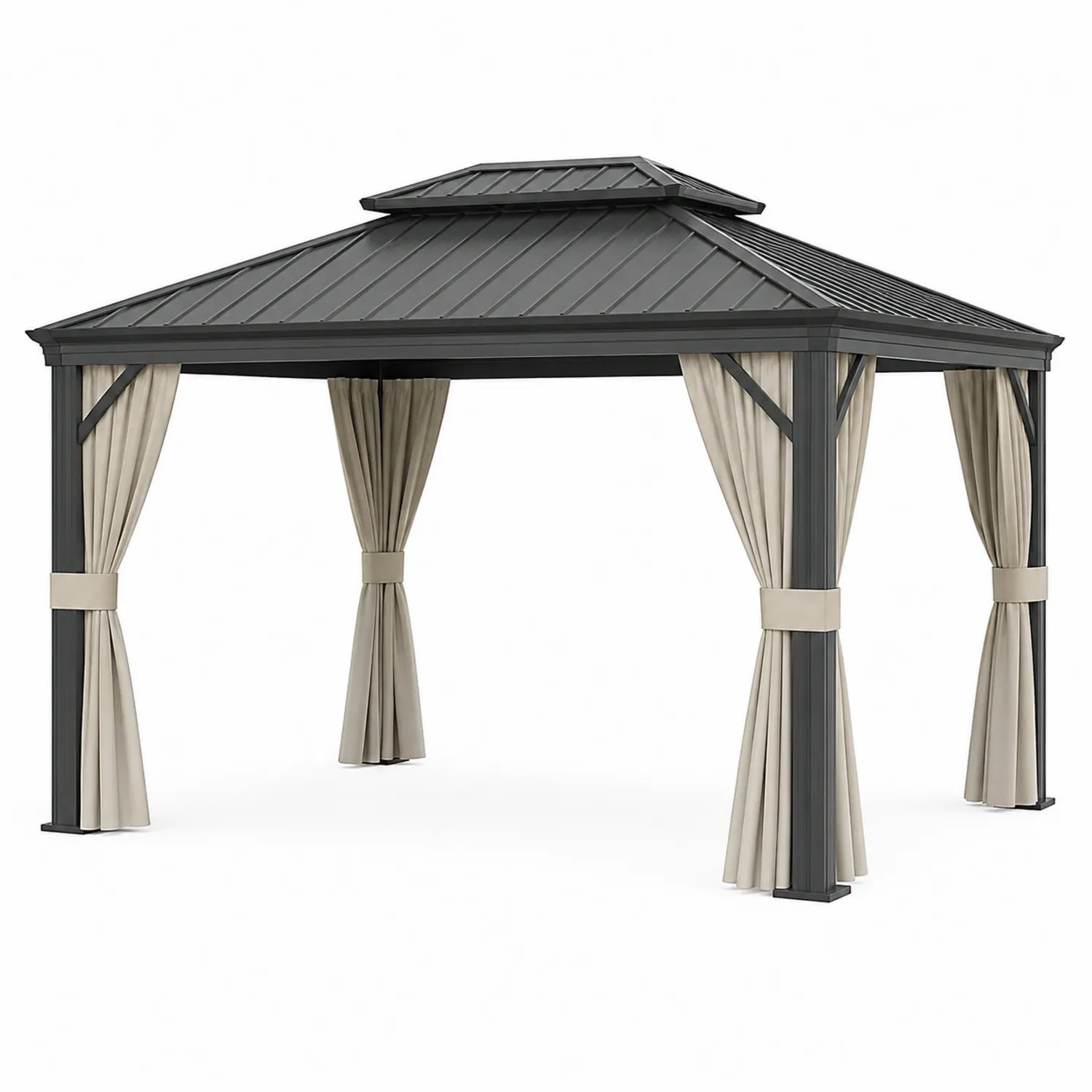 Gazebo in alluminio con tetto in acciaio e tende in poliestere 300x400 cm Grigio/Beige