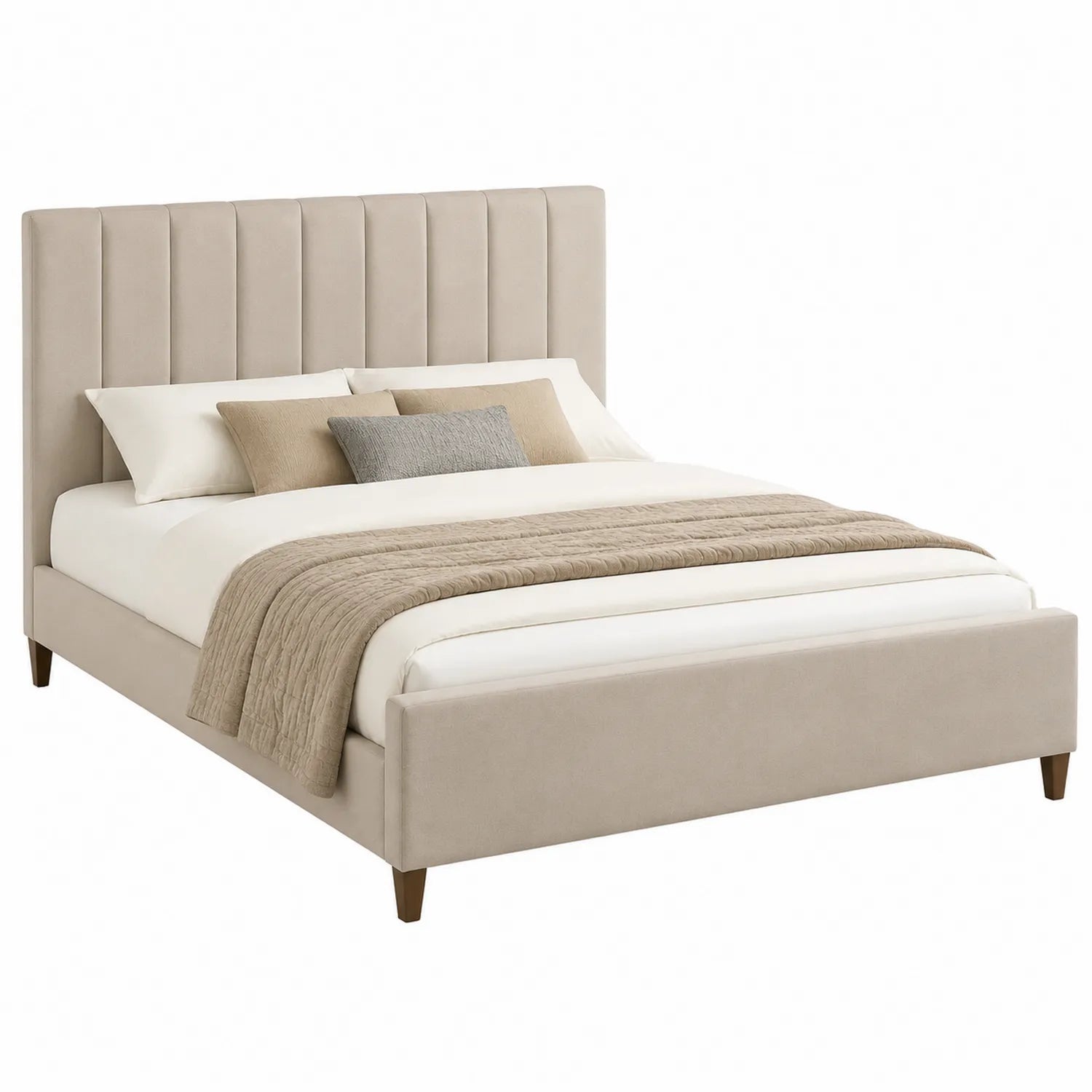 Letto matrimoniale in legno e tessuto beige imbottito con testiera alta